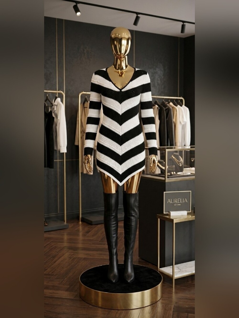 Black & White Chevron V-Neck Knit Tunic Sweater Mini Dress 🖤